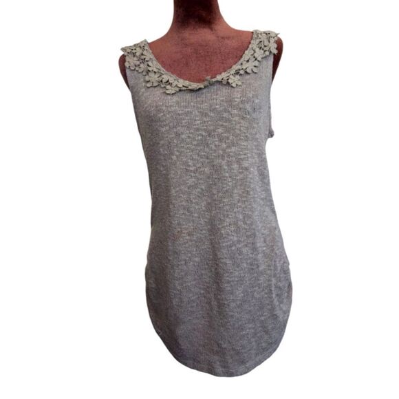Olivia moon taupe tunic vest cotton blend size M crochet flower collar - Picture 1 of 6